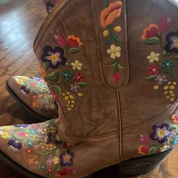 Floral Embroidered Tan Ankle Booties